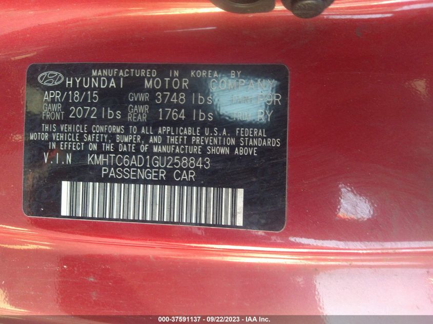 2016 HYUNDAI VELOSTER - KMHTC6AD1GU258843