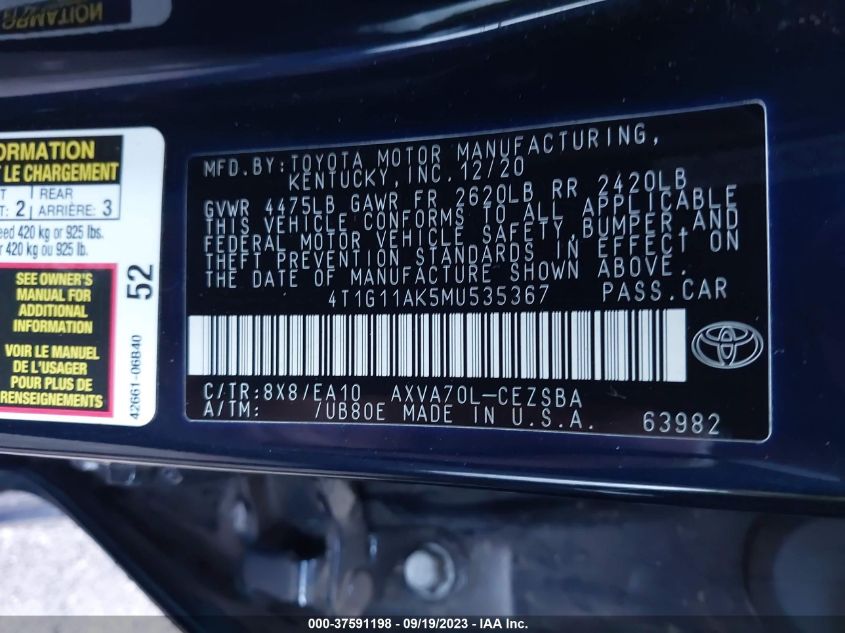 2021 TOYOTA CAMRY SE - 4T1G11AK5MU535367