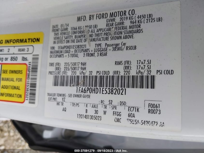 2014 FORD FUSION SE - 1FA6P0HD1E5382021