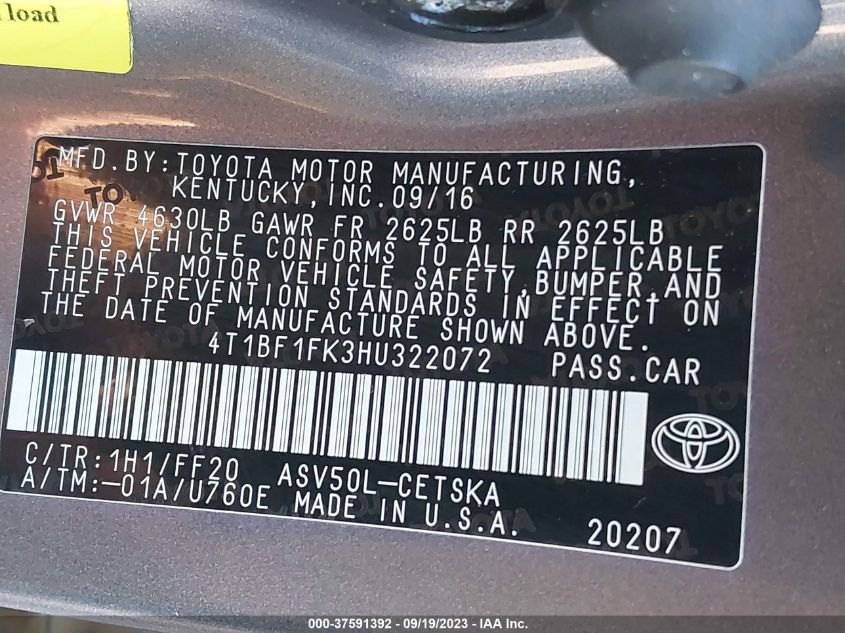 2017 TOYOTA CAMRY XLE/SE/LE/XSE - 4T1BF1FK3HU322072