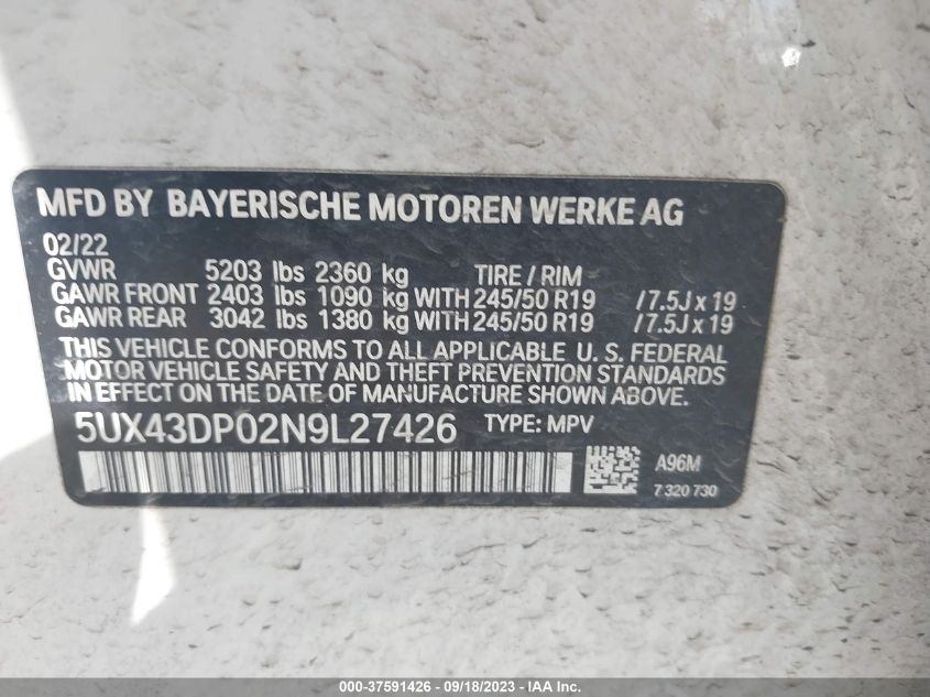 2022 BMW X3 SDRIVE30I - 5UX43DP02N9L27426