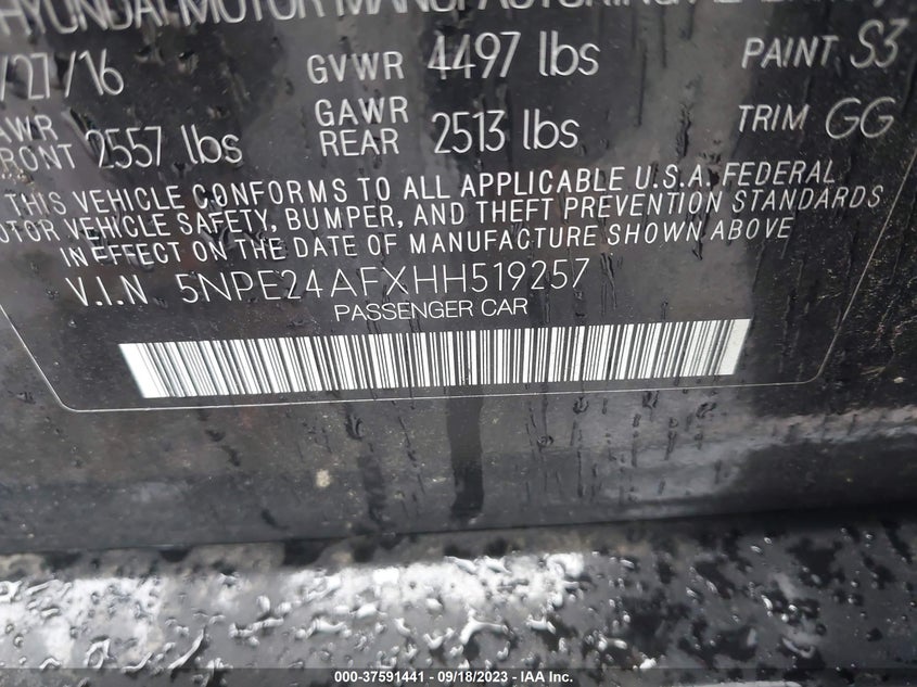 VIN 5NPE24AFXHH519257 2017 HYUNDAI SONATA SE