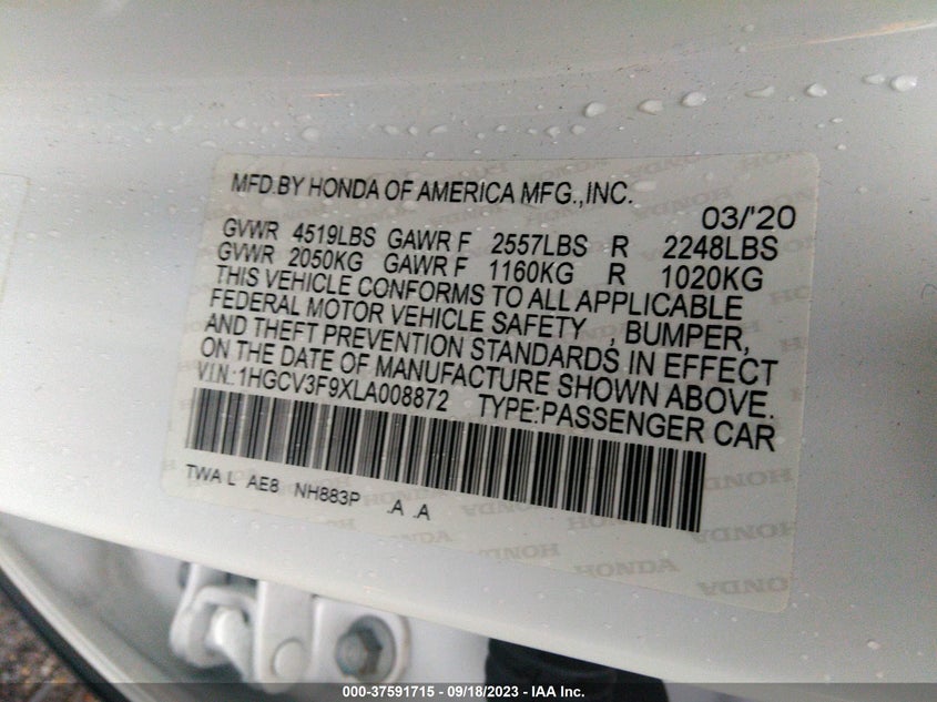 VIN 1HGCV3F9XLA008872 2020 HONDA ACCORD HYBRID TOURING