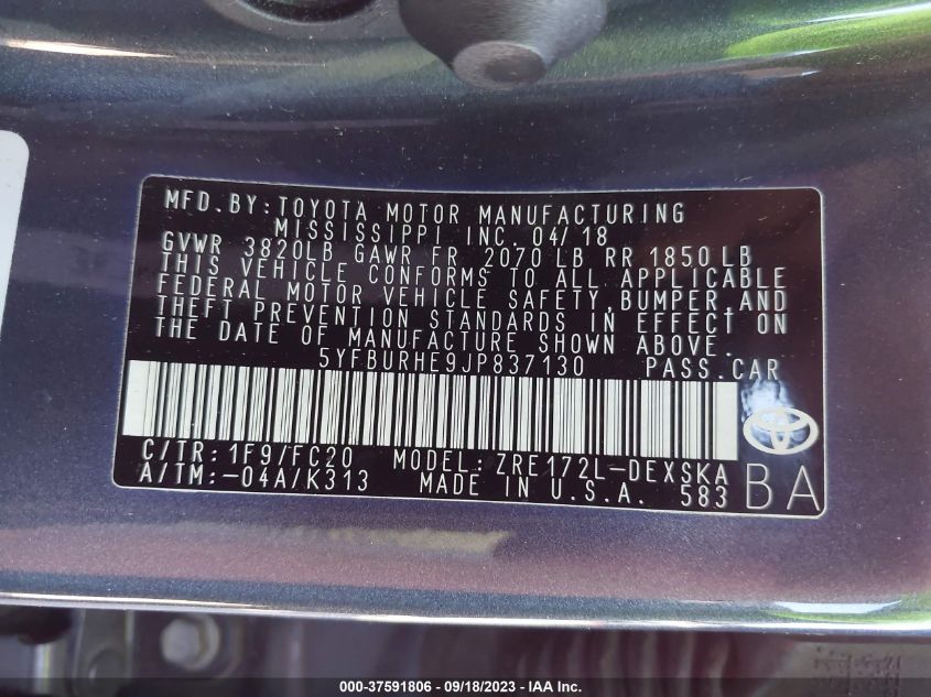 2018 TOYOTA COROLLA L/LE/XLE/SE/XSE - 5YFBURHE9JP837130