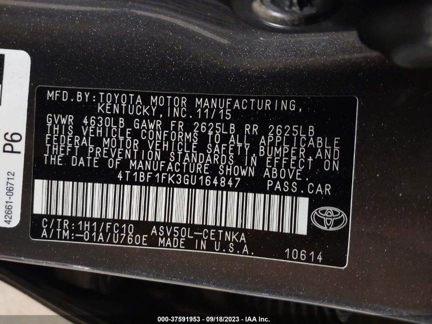2016 TOYOTA CAMRY XLE/SE/LE/XSE - 4T1BF1FK3GU164847