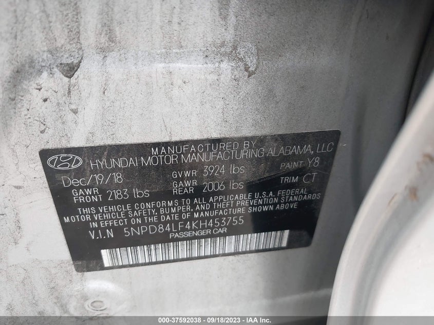 VIN 5NPD84LF4KH453755 2019 HYUNDAI ELANTRA VALUE EDITION