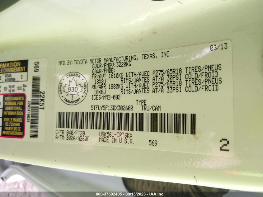 2013 TOYOTA TUNDRA 4WD TRUCK - 5TFUY5F13DX302600
