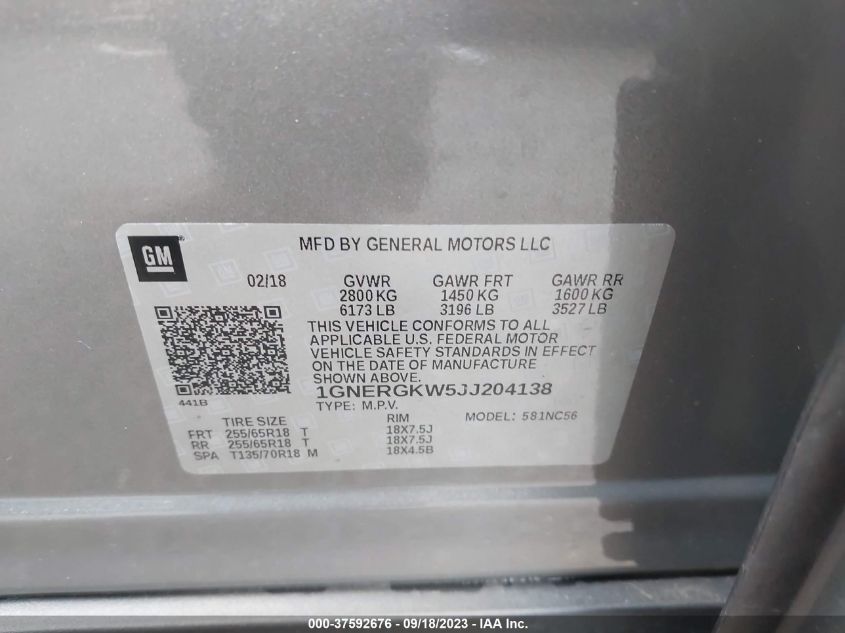 2018 CHEVROLET TRAVERSE LT CLOTH - 1GNERGKW5JJ204138