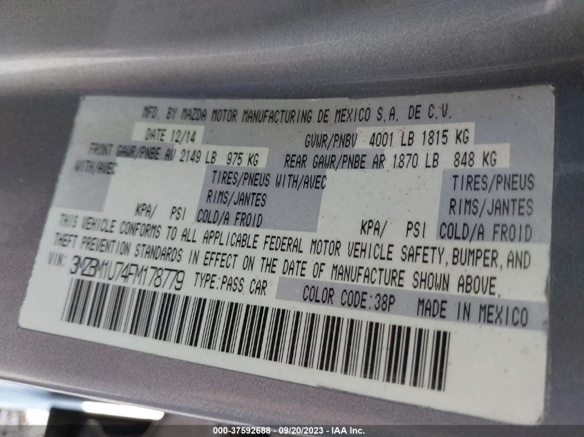 2015 MAZDA MAZDA3 I SPORT - 3MZBM1U74FM178779
