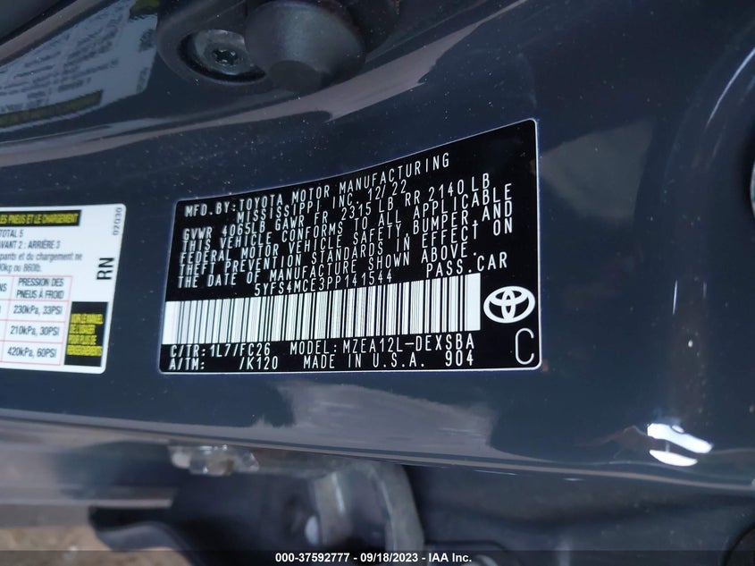 VIN 5YFS4MCE3PP141544 2023 TOYOTA COROLLA SE