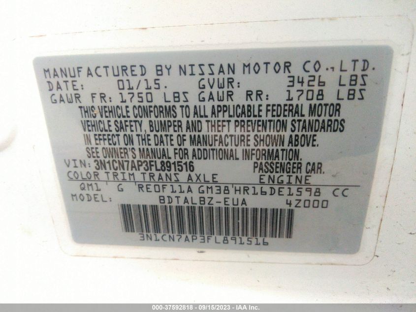 2015 NISSAN VERSA SV - 3N1CN7AP3FL891516