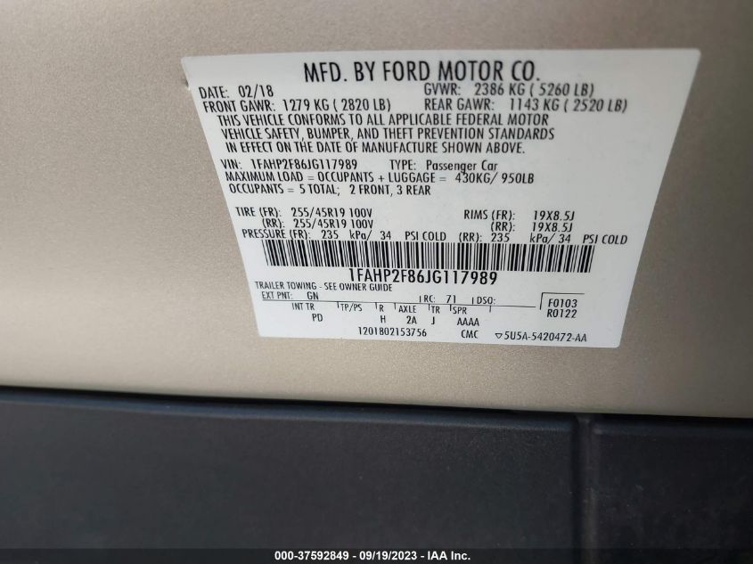 2018 FORD TAURUS LIMITED - 1FAHP2F86JG117989