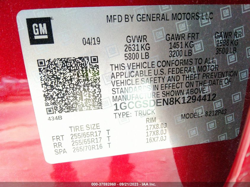 2019 CHEVROLET COLORADO 2WD Z71 - 1GCGSDEN8K1294412