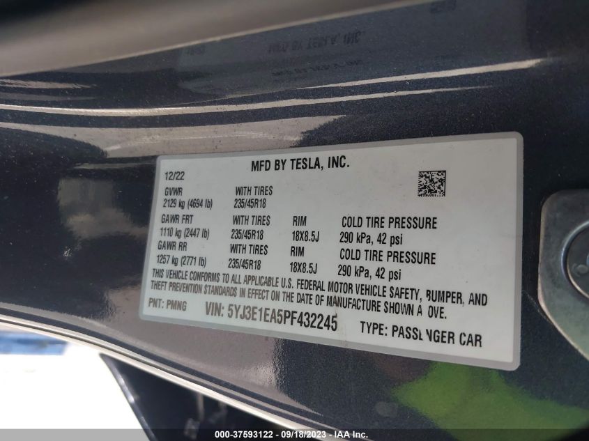 2023 TESLA MODEL 3 - 5YJ3E1EA5PF432245