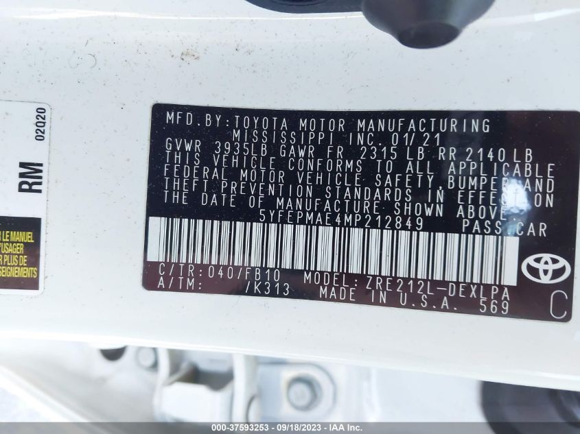 2021 TOYOTA COROLLA LE - 5YFEPMAE4MP212849