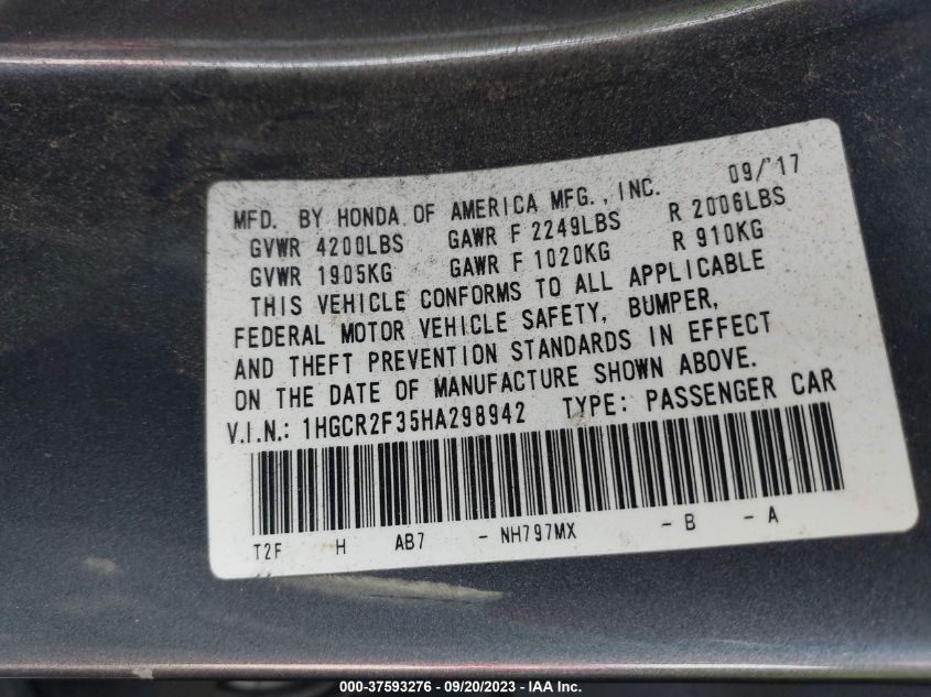 2017 HONDA ACCORD SEDAN LX - 1HGCR2F35HA298942