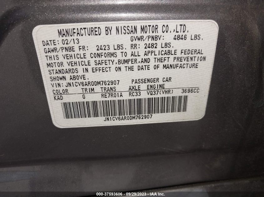 2013 INFINITI G37 SEDAN X JN1CV6AR0DM762907