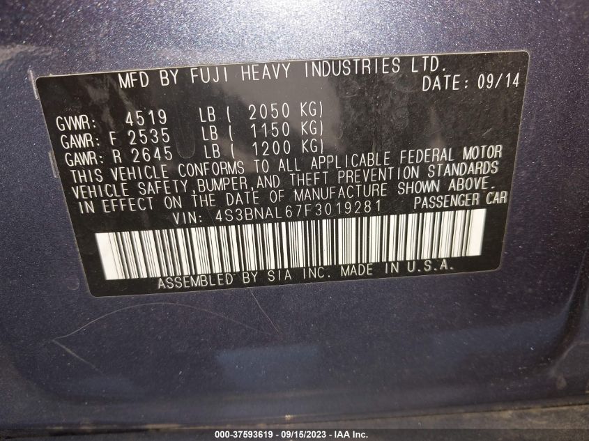 2015 SUBARU LEGACY 2.5I LIMITED - 4S3BNAL67F3019281