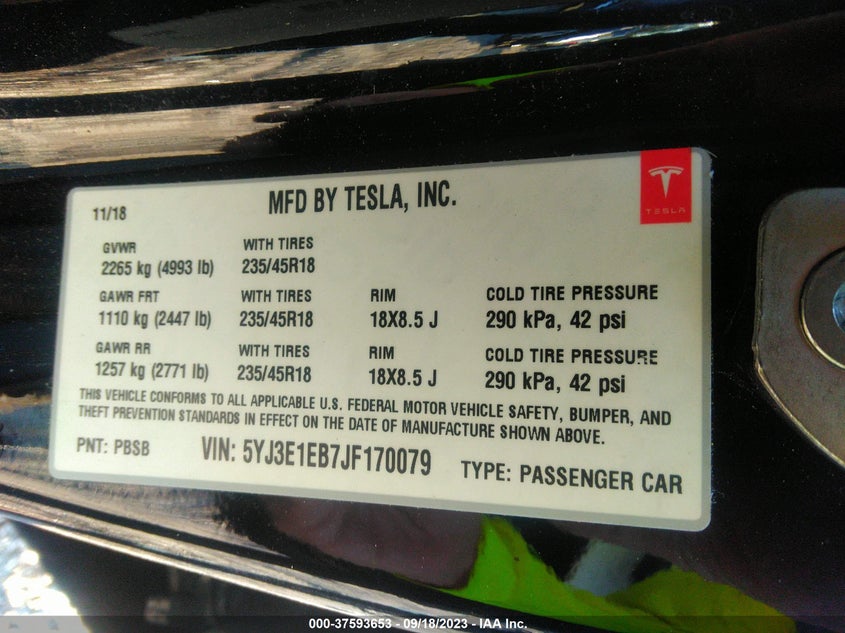 VIN 5YJ3E1EB7JF170079 2018 TESLA MODEL 3