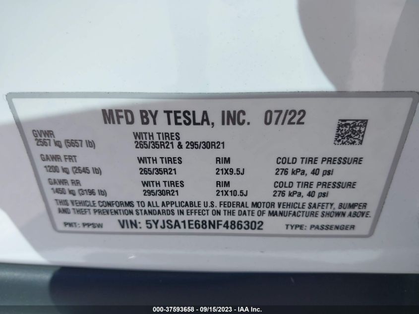2022 TESLA MODEL S PLAID - 5YJSA1E68NF486302