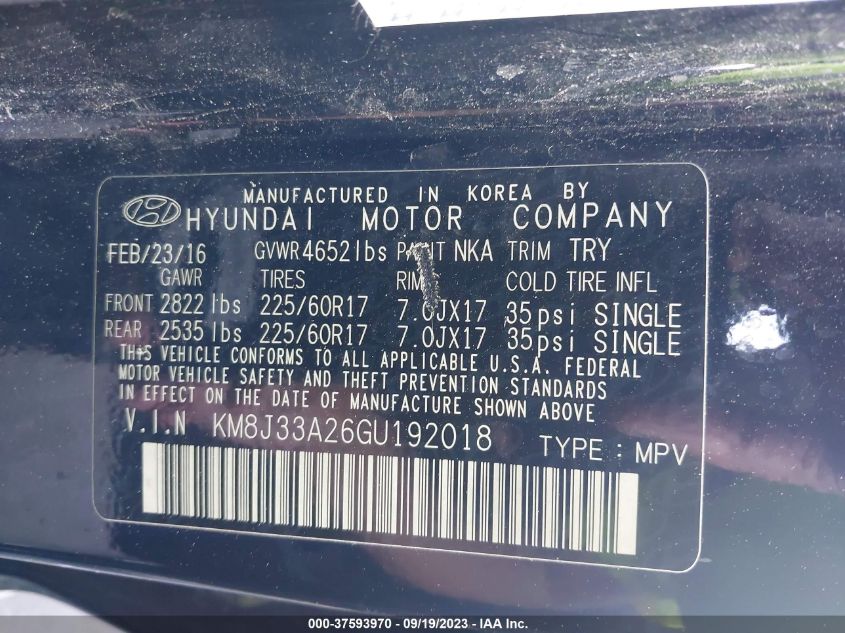 2016 HYUNDAI TUCSON ECO - KM8J33A26GU192018