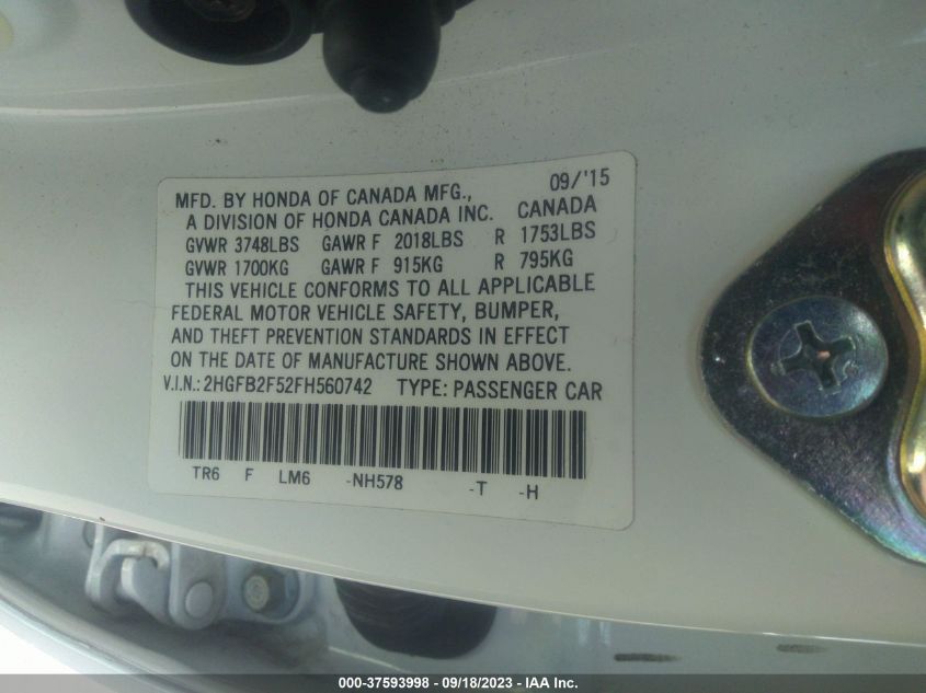 2015 HONDA CIVIC SEDAN LX - 2HGFB2F52FH560742