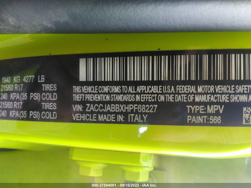 VIN ZACCJABBXHPF68227 2017 JEEP RENEGADE LATITUDE