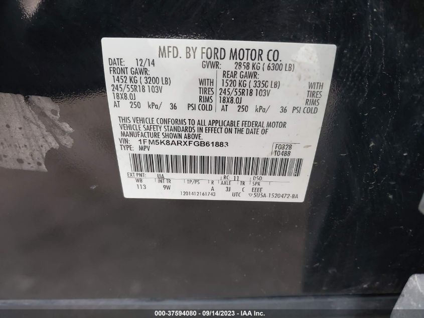 2015 FORD UTILITY POLICE 1FM5K8ARXFGB61883