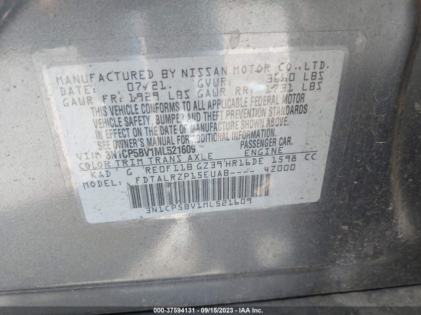VIN 3N1CP5BV1ML521609 2021 NISSAN KICKS S