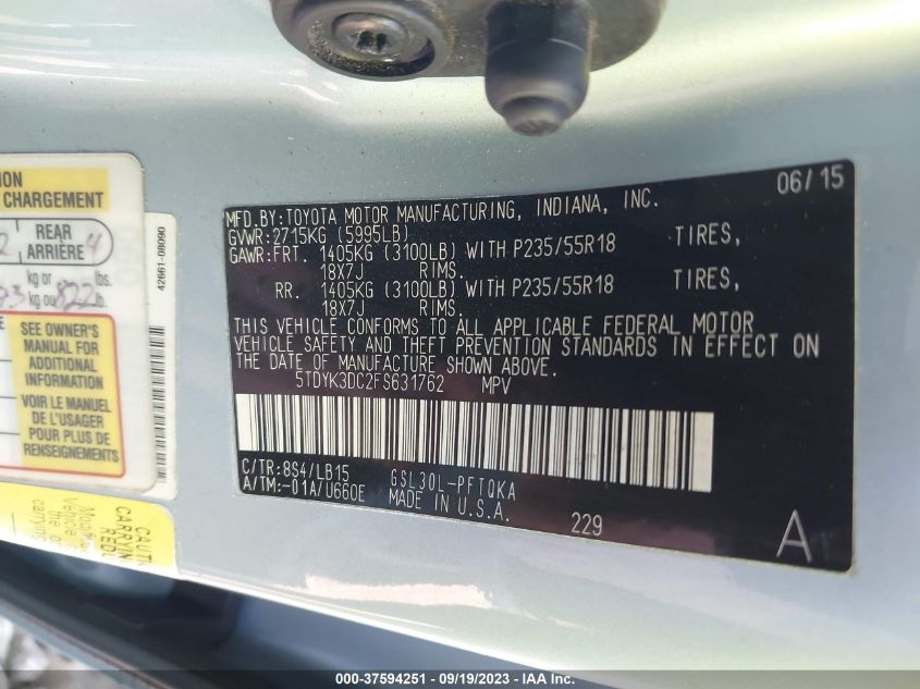 2015 TOYOTA SIENNA XLE/XLE AAS/LTD - 5TDYK3DC2FS631762