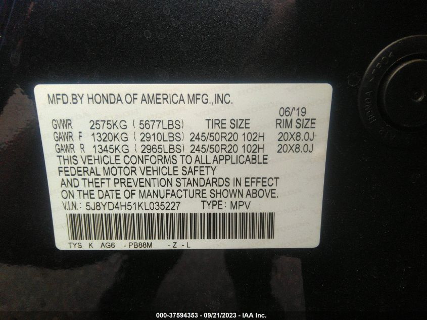 5J8YD4H51KL035227 Acura MDX TECHNOLOGY 9