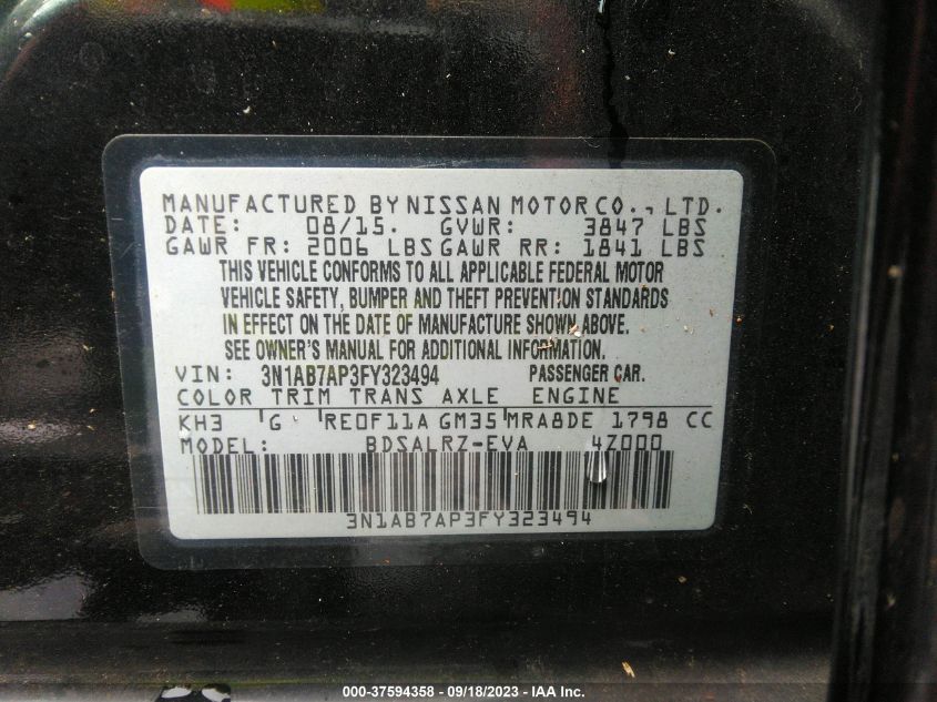 2015 NISSAN SENTRA SR - 3N1AB7AP3FY323494