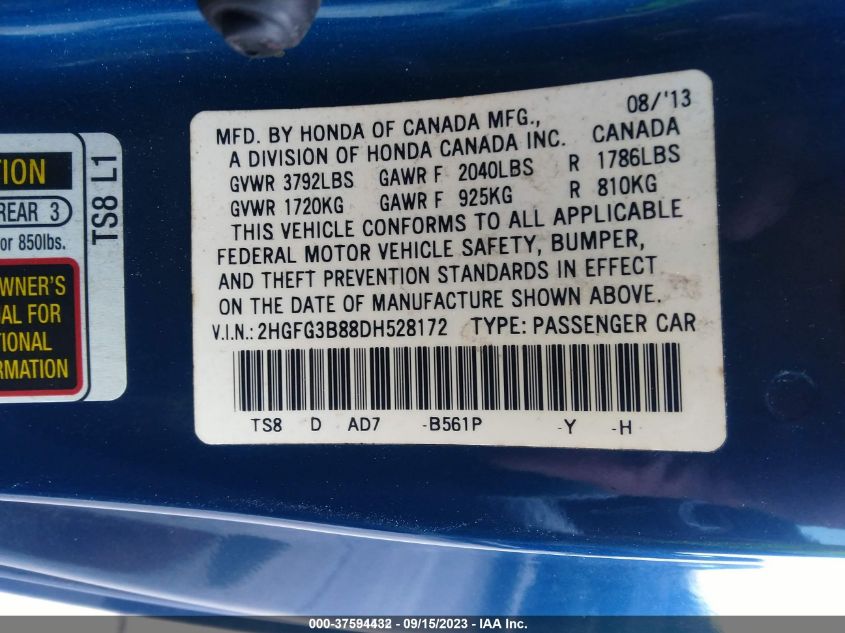 2013 HONDA CIVIC CPE EX 2HGFG3B88DH528172