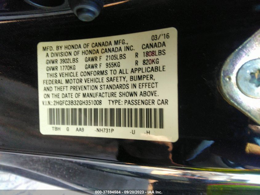 2016 HONDA CIVIC COUPE EX-T 2HGFC3B32GH351008