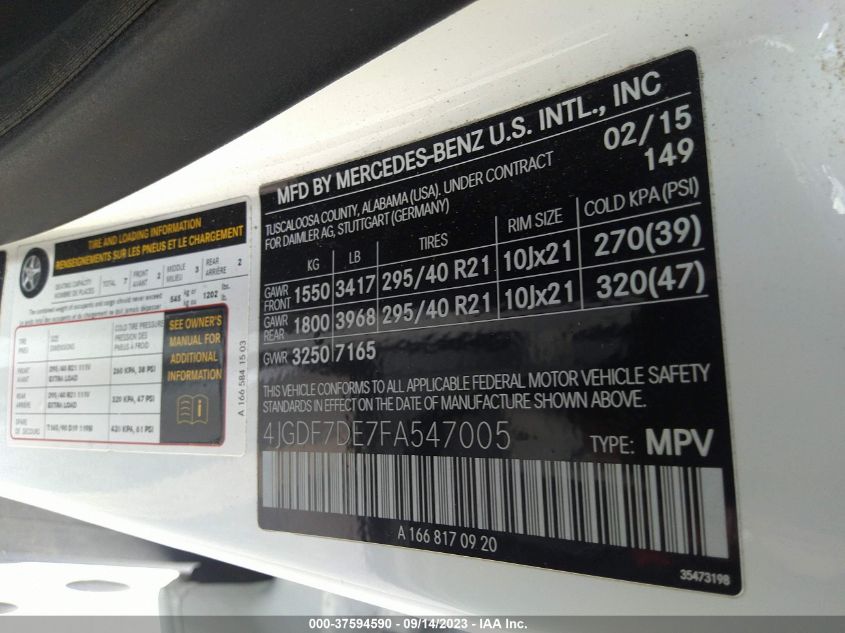 2015 MERCEDES-BENZ GL-CLASS GL 550 4JGDF7DE7FA547005