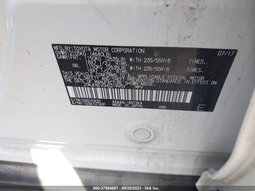 VIN JTMJFREV0HD219959 2017 TOYOTA RAV4 SE