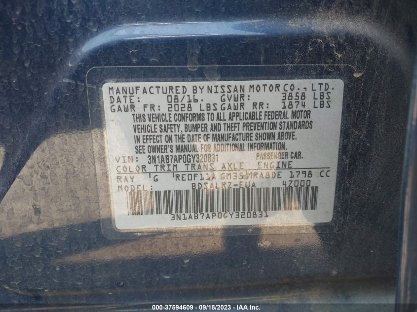 2016 NISSAN SENTRA SR - 3N1AB7AP0GY320831