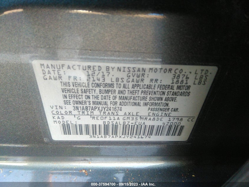 VIN 3N1AB7APXJY241674 2018 NISSAN SENTRA S