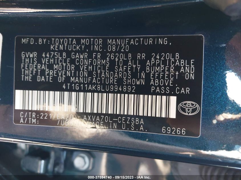 2020 TOYOTA CAMRY SE - 4T1G11AK8LU994892