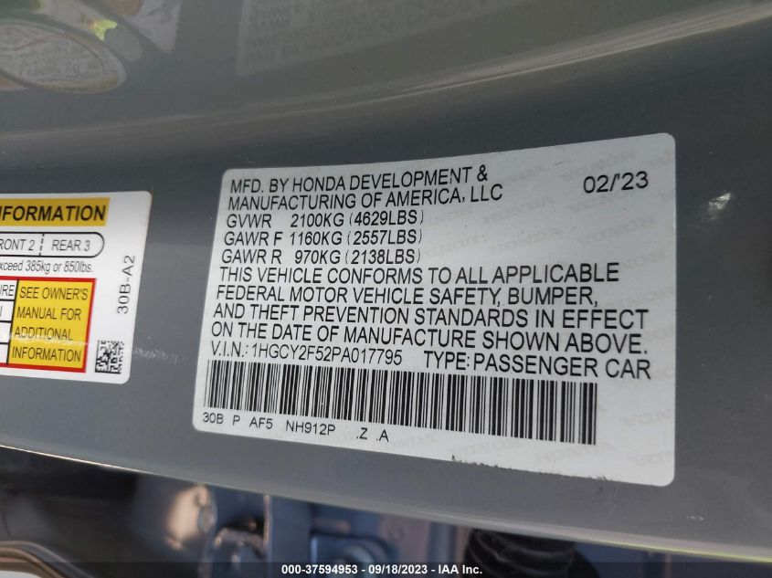 1HGCY2F52PA017795 Honda Accord Hybrid SPORT 9