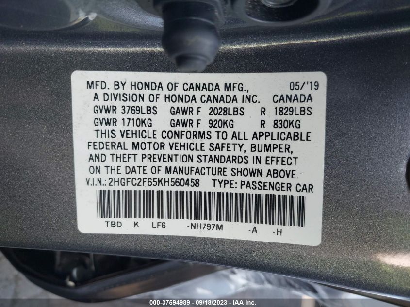 2019 HONDA CIVIC LX - 2HGFC2F65KH560458