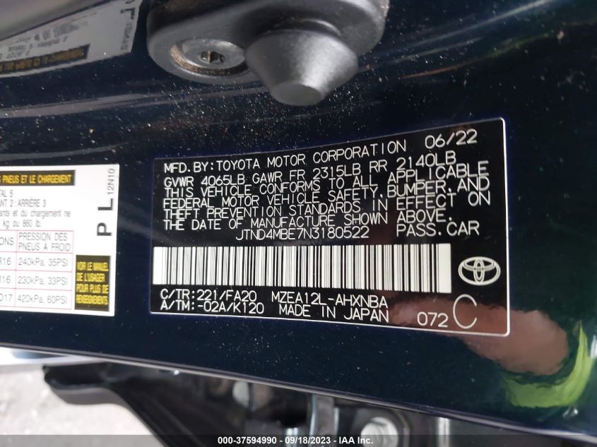 2022 TOYOTA COROLLA HATCHBACK SE/NIGHTSHADE/XSE JTND4MBE7N3180522