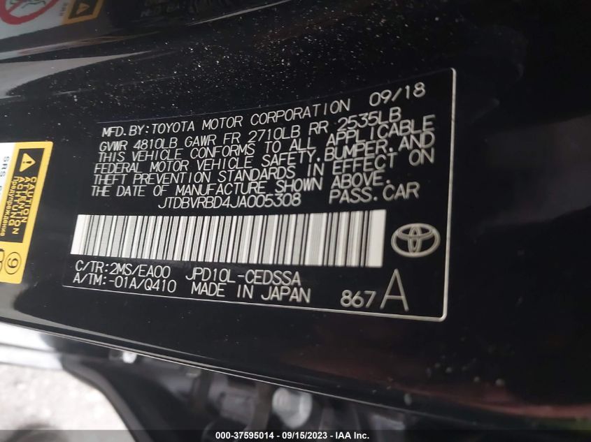 VIN JTDBVRBD4JA005308 2018 TOYOTA MIRAI