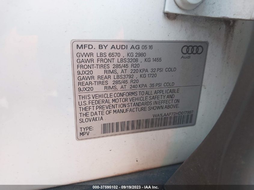2017 AUDI Q7 PREMIUM PLUS - WA1LAAF72HD017997