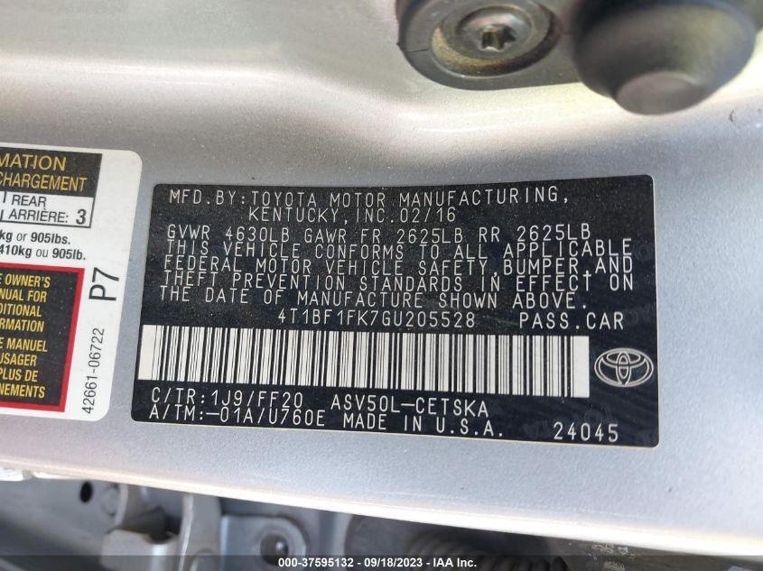 2016 TOYOTA CAMRY XLE/SE/LE/XSE - 4T1BF1FK7GU205528