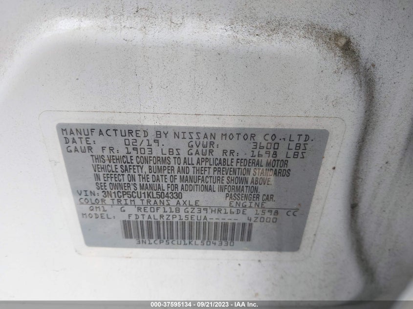VIN 3N1CP5CU1KL504330 2019 NISSAN KICKS S