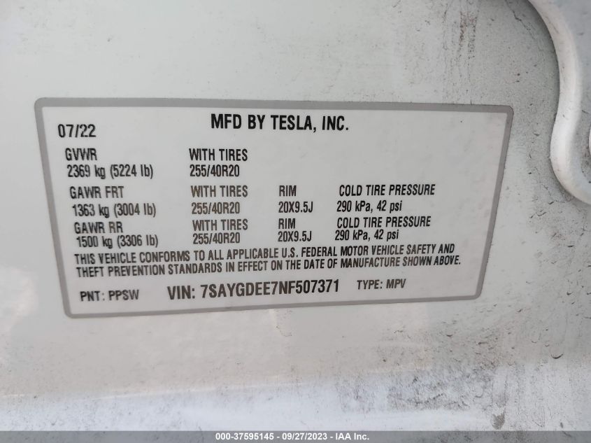 2022 TESLA MODEL Y LONG RANGE - 7SAYGDEE7NF507371