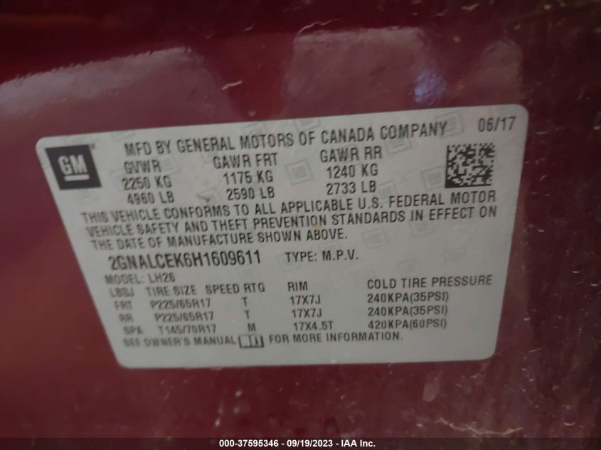 2017 CHEVROLET EQUINOX LT - 2GNALCEK6H1609611