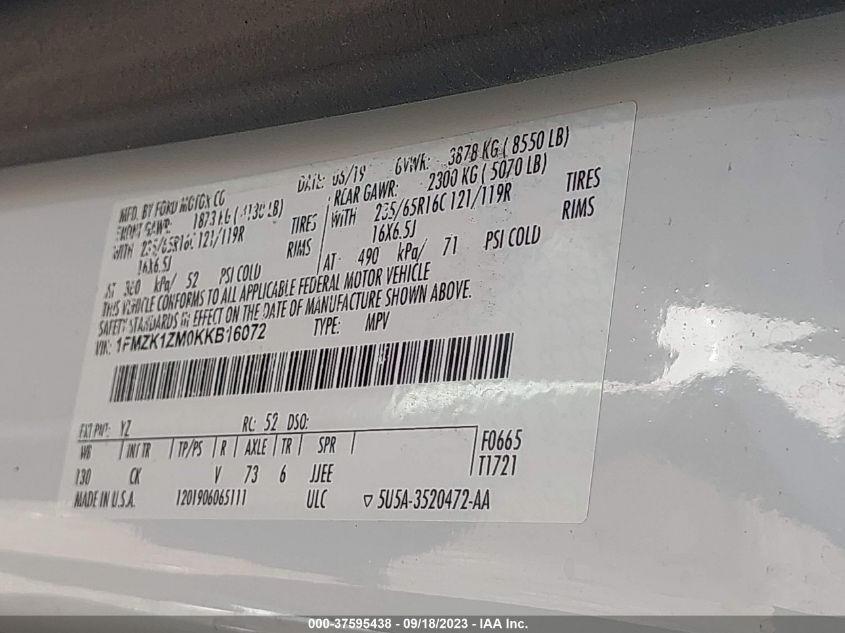 2019 FORD TRANSIT PASSENGER WAGON XL/XLT 1FMZK1ZM0KKB16072