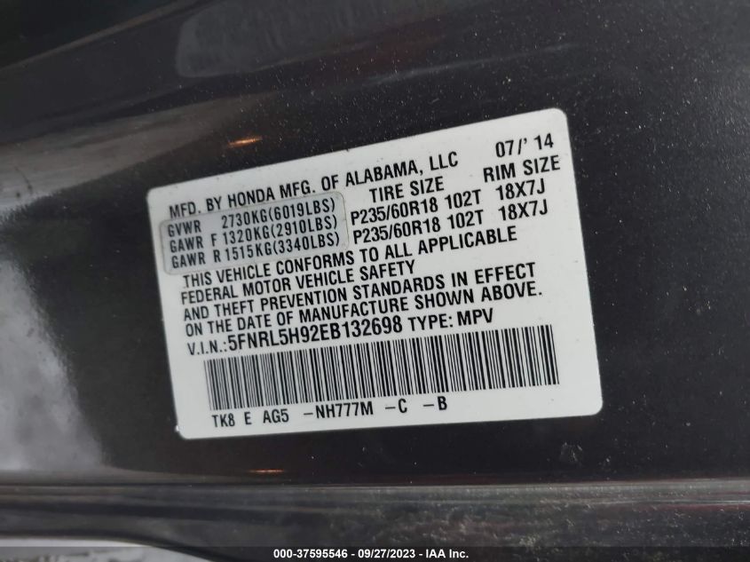 2014 HONDA ODYSSEY TOURING - 5FNRL5H92EB132698